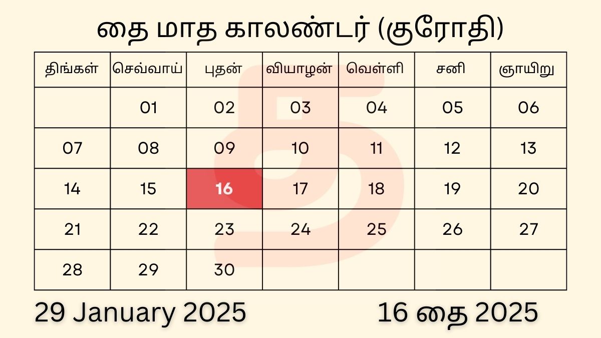 29 January 2025 Wednesday Tamil Date Calendar