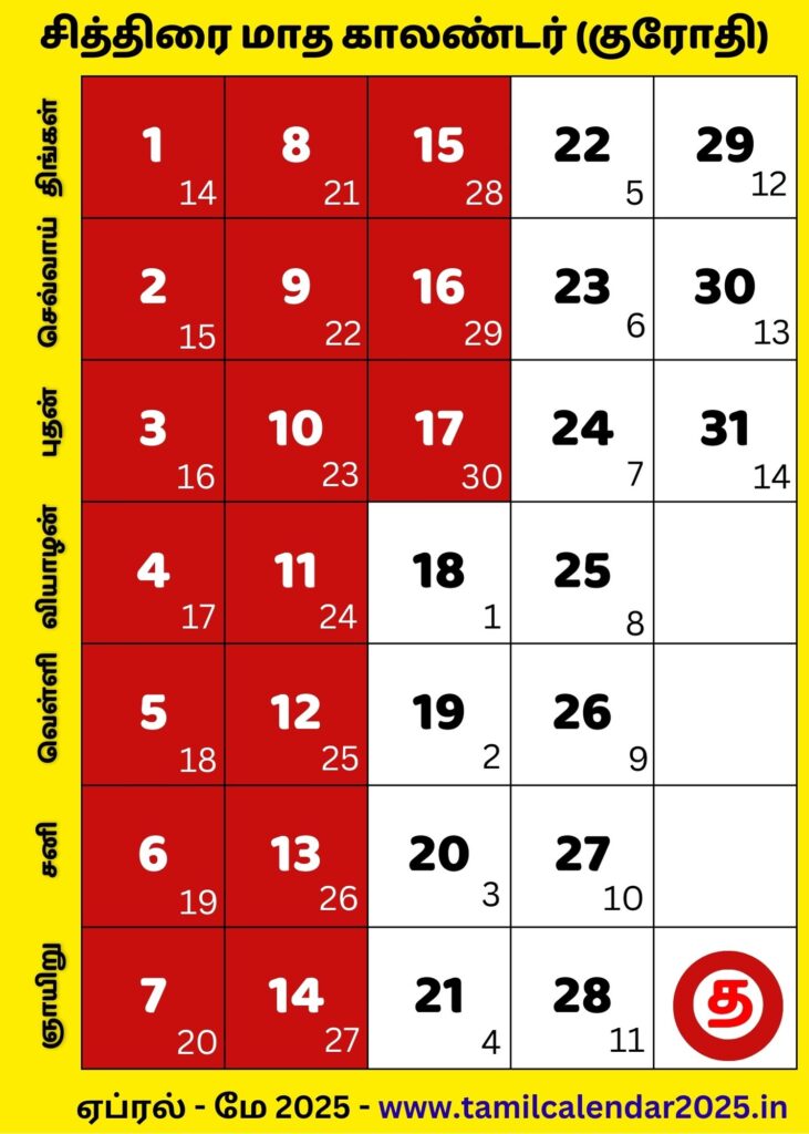 Tamil Chithirai Monthly Calendar 2025