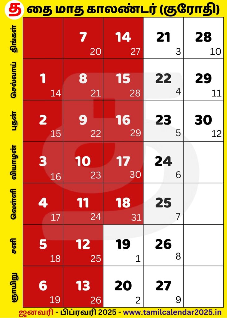 Tamil Thai Monthly Calendar 2025